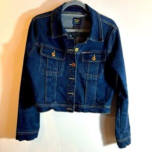 PARASUCO Sz L Jean Jacket Cropped Brass Toned Buttons Classic Cut Medium Wash